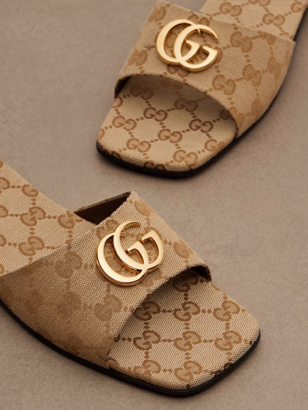 Gucci Beige GG Canvas Slide Sandals with Gold Double G Hardware
